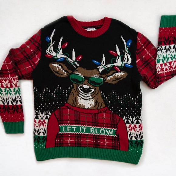 Ugly Christmas Holiday Sweater Let It Glow Reindeer Red Green Adult Size XL - Picture 2 of 11